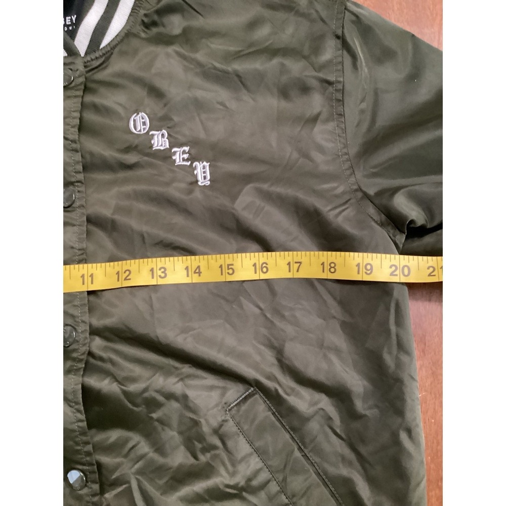 Obey Worldwide Olive Green Bomber Jacket Embroidered Cities Roses Womens Small - Picture 12 of 13